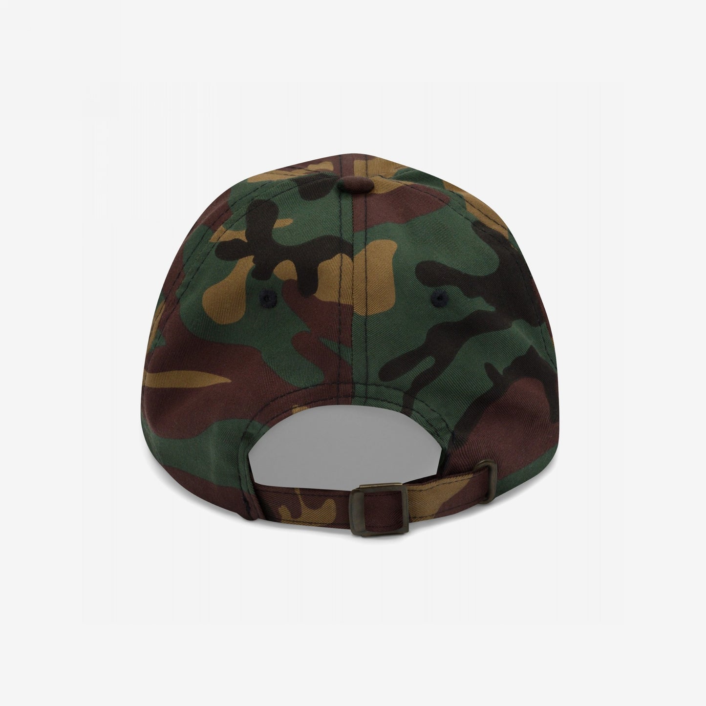 Rear view of the Dad Hat In Custom Colors, featuring woodland camouflage print with an adjustable fabric strap and metal buckle, highlighting its unstructured, low-profile design, perfect for activist-themed embroidery.