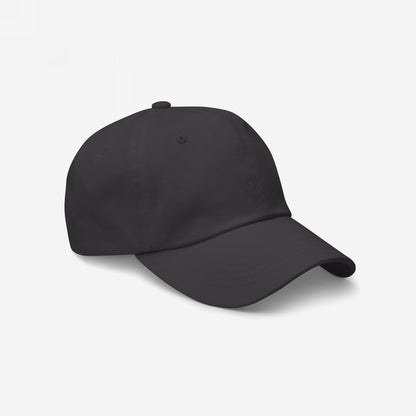 Dad Hat In Custom Colors, featuring a plain black, six-panel design with a curved brim and adjustable strap, ready for your choice of embroidered anti-fascist or activist protest designs.