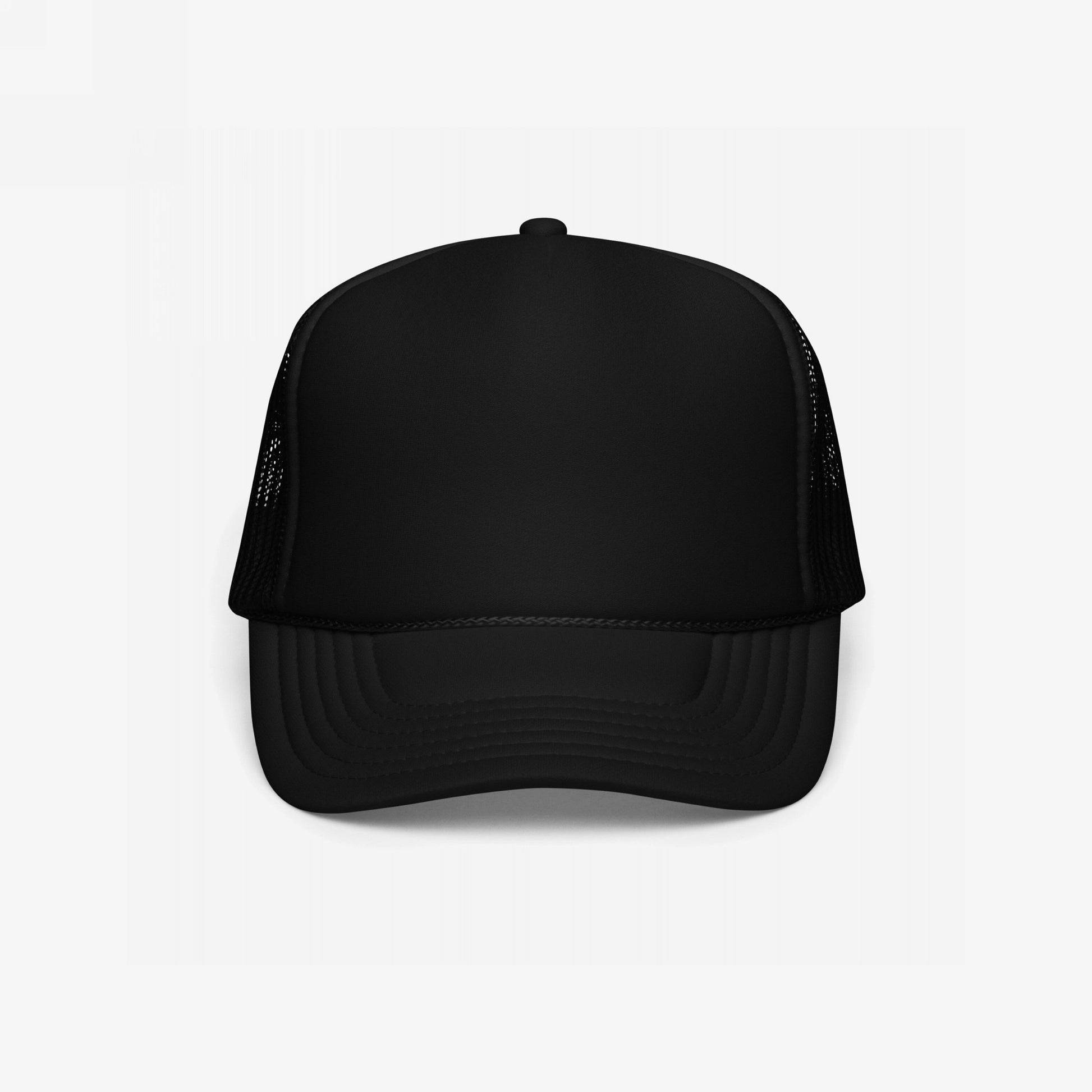 Foam Trucker Hat In Custom Colors featuring a plain black, high-profile design with a foam front and mesh back, viewed head-on; perfect for adding personalized, activist embroidery.