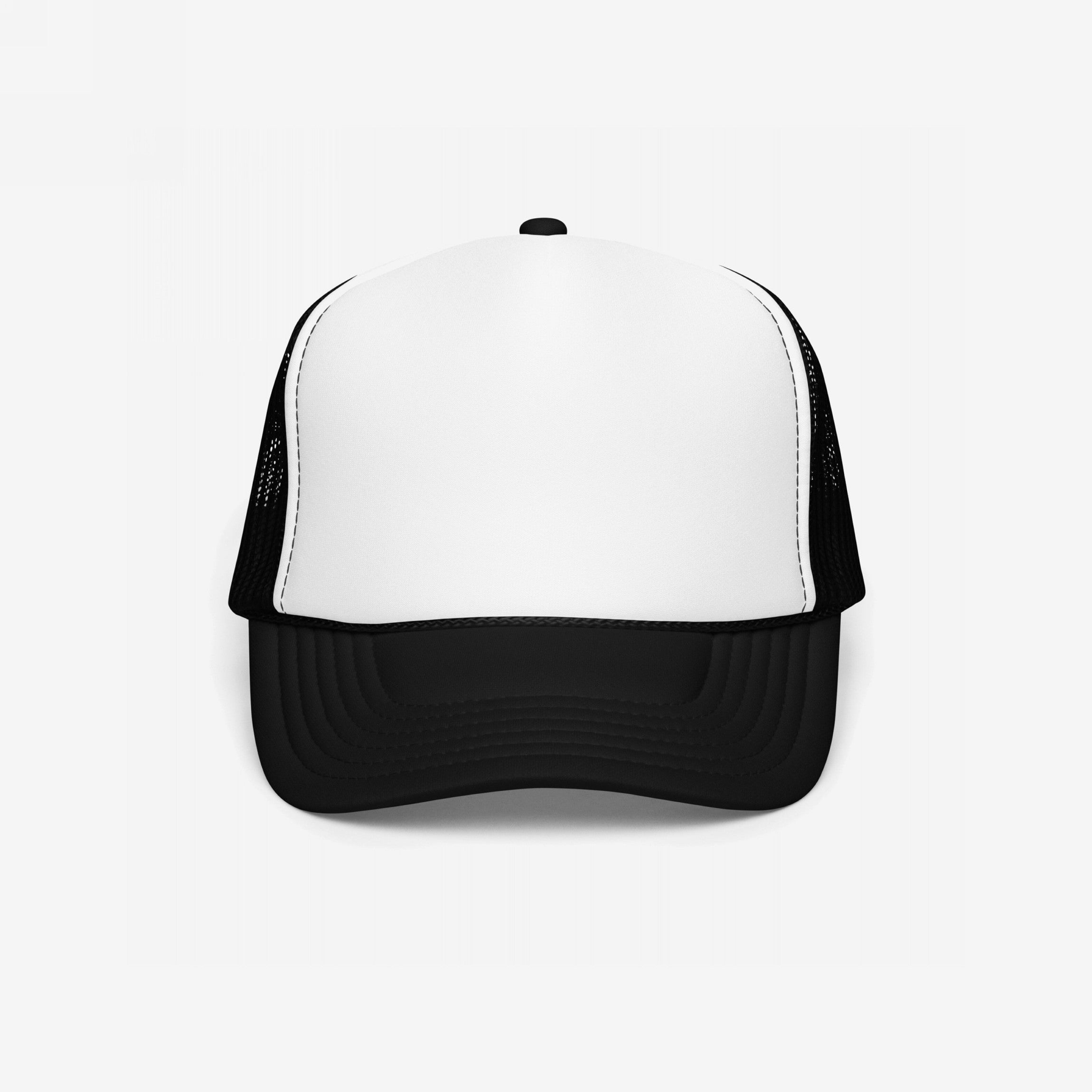 Foam Trucker Hat In Custom Colors with a white front and black mesh sides. Features a structured crown, curved bill, and retro rope detail, perfect for personalized protest designs.
