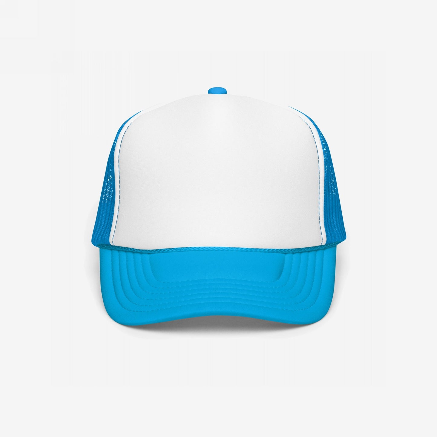 Foam Trucker Hat In Custom Colors features a white front panel and blue mesh back with a structured crown and curved visor, suitable for personalized embroidered designs promoting equality and activism.