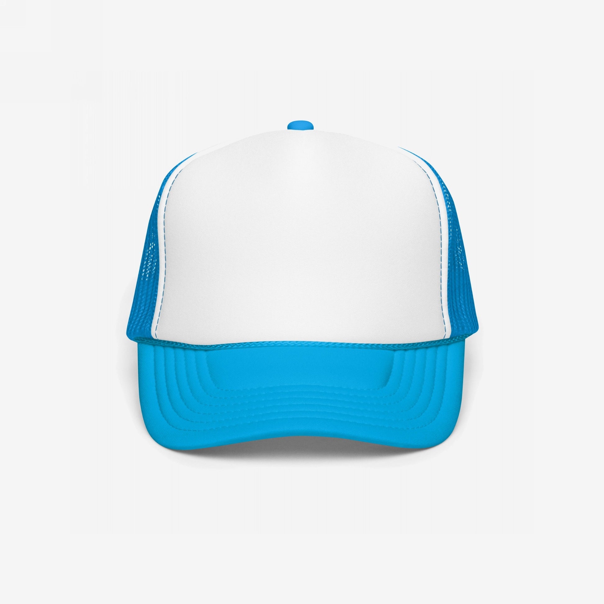 Foam Trucker Hat In Custom Colors features a white front panel and blue mesh back with a structured crown and curved visor, suitable for personalized embroidered designs promoting equality and activism.