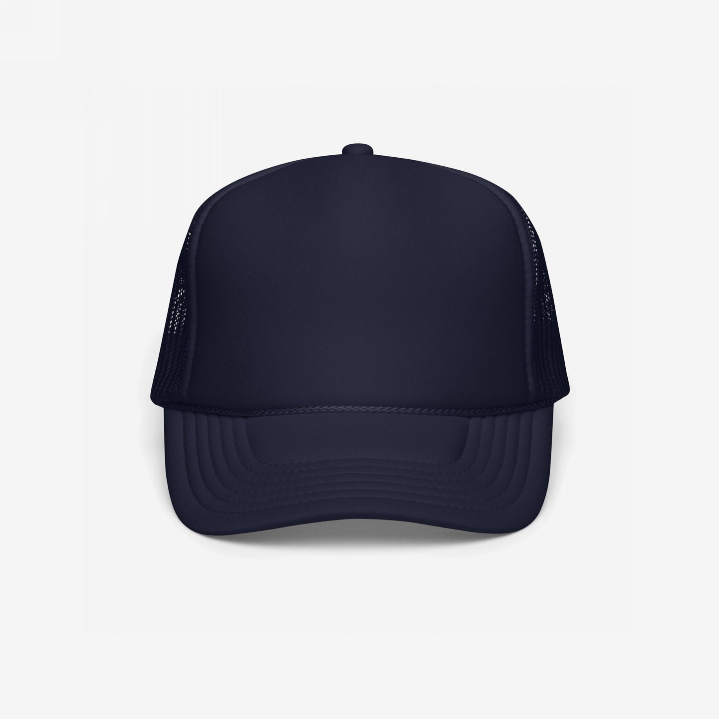 Foam Trucker Hat In Custom Colors, featuring a dark-navy trucker-style cap with a solid foam front, curved bill, and mesh sides. Ideal for displaying embroidered anti-fascist or anti-racist messages, promoting equality.
