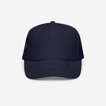 Foam Trucker Hat In Custom Colors, featuring a dark-navy trucker-style cap with a solid foam front, curved bill, and mesh sides. Ideal for displaying embroidered anti-fascist or anti-racist messages, promoting equality.