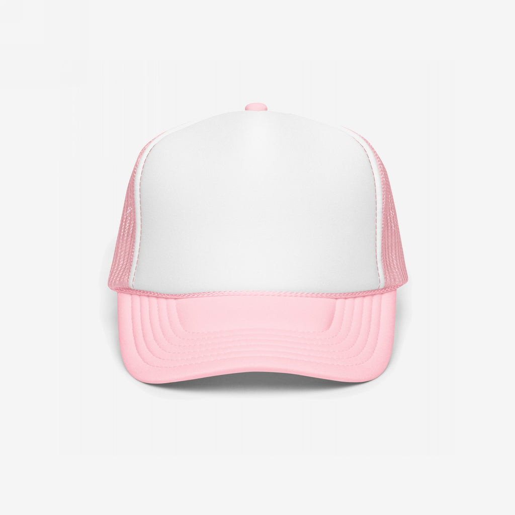 Foam Trucker Hat In Custom Colors, featuring a solid white front and pastel pink mesh back, designed for customization with anti-fascist or anti-racist messages, perfect for expressing activist values.