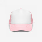 Foam Trucker Hat In Custom Colors, featuring a solid white front and pastel pink mesh back, designed for customization with anti-fascist or anti-racist messages, perfect for expressing activist values.