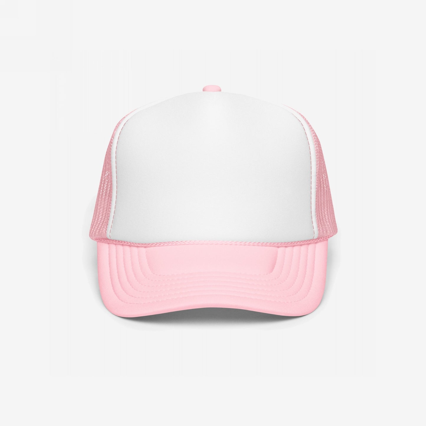 Foam Trucker Hat In Custom Colors, featuring a solid white front and pastel pink mesh back, designed for customization with anti-fascist or anti-racist messages, perfect for expressing activist values.