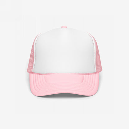 Foam Trucker Hat In Custom Colors, featuring a solid white front and pastel pink mesh back, designed for customization with anti-fascist or anti-racist messages, perfect for expressing activist values.