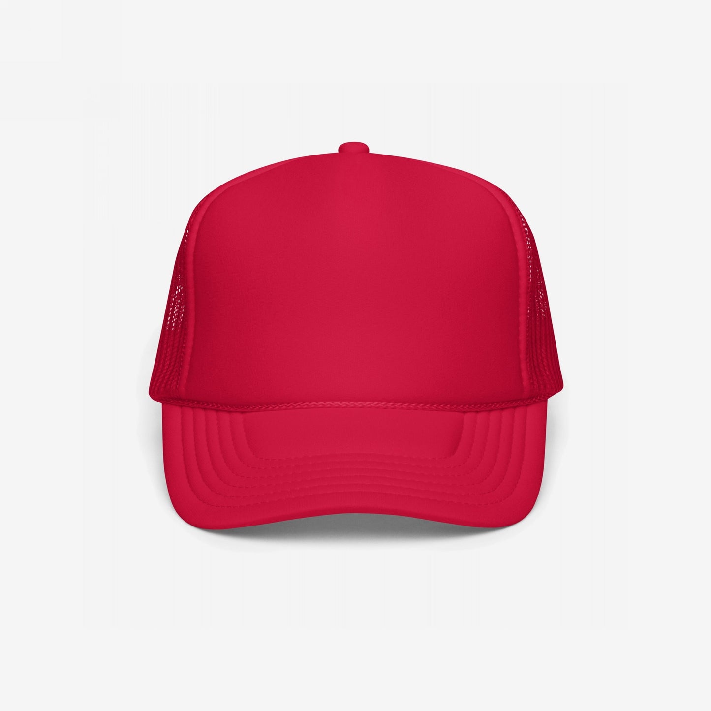 Bright red Foam Trucker Hat In Custom Colors with a structured crown and mesh back, viewed from the front. Features a high-profile design, curved visor, and blank panel for customizable, activist-inspired embroidery.