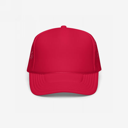 Bright red Foam Trucker Hat In Custom Colors with a structured crown and mesh back, viewed from the front. Features a high-profile design, curved visor, and blank panel for customizable, activist-inspired embroidery.