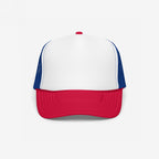 Foam Trucker Hat In Custom Colors features a front view of a classic trucker cap with a red curved bill, white front panel, and blue mesh sides, ideal for personalized activist messages.