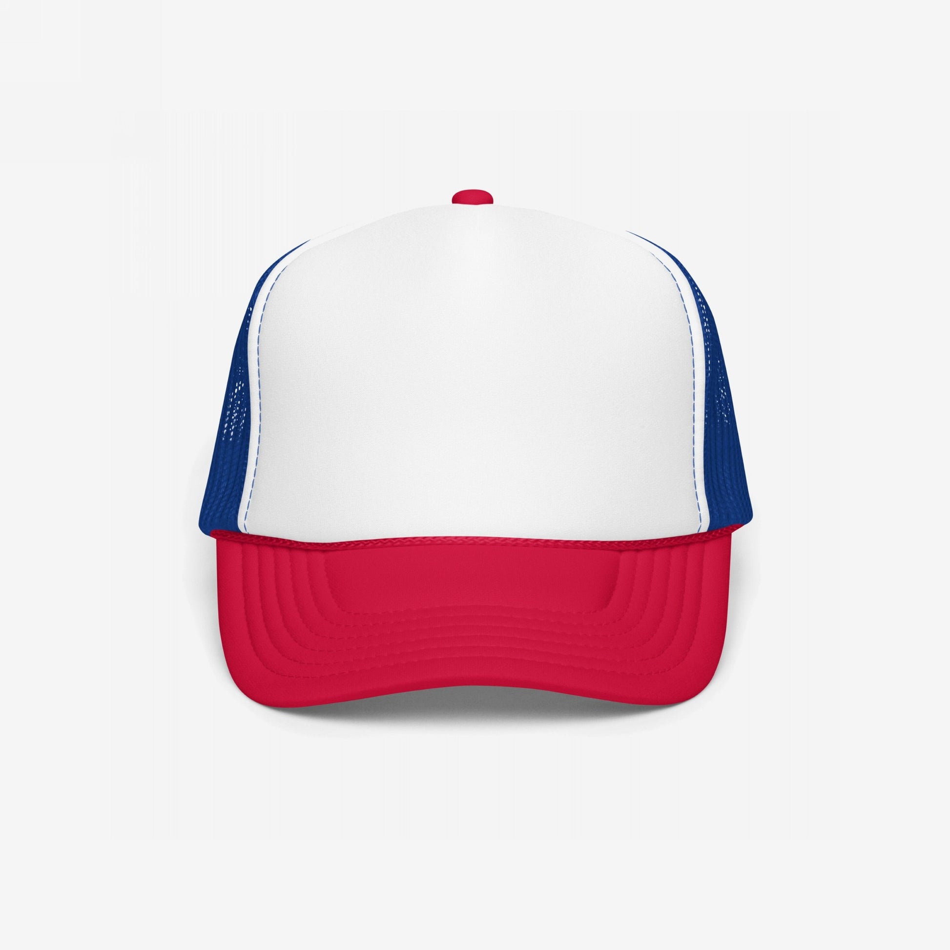 Foam Trucker Hat In Custom Colors features a front view of a classic trucker cap with a red curved bill, white front panel, and blue mesh sides, ideal for personalized activist messages.