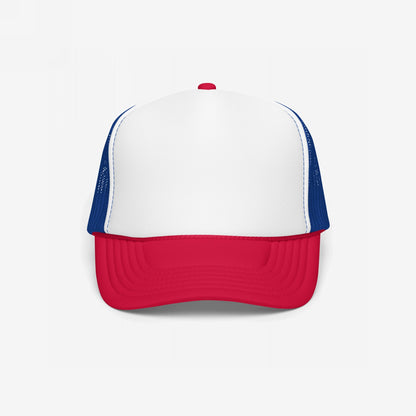 Foam Trucker Hat In Custom Colors features a front view of a classic trucker cap with a red curved bill, white front panel, and blue mesh sides, ideal for personalized activist messages.