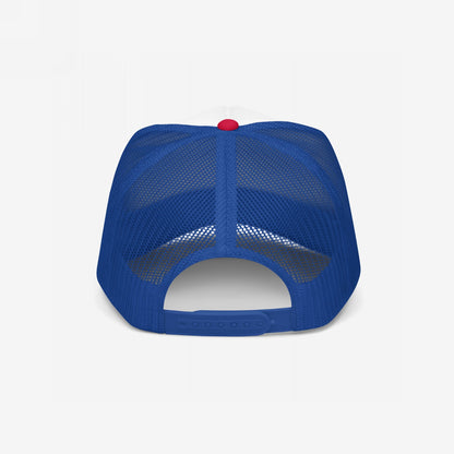 Rear view of the Foam Trucker Hat In Custom Colors featuring a blue mesh back, snap-adjust closure, and a red crown button, highlighting its retro protest style designed for activism.