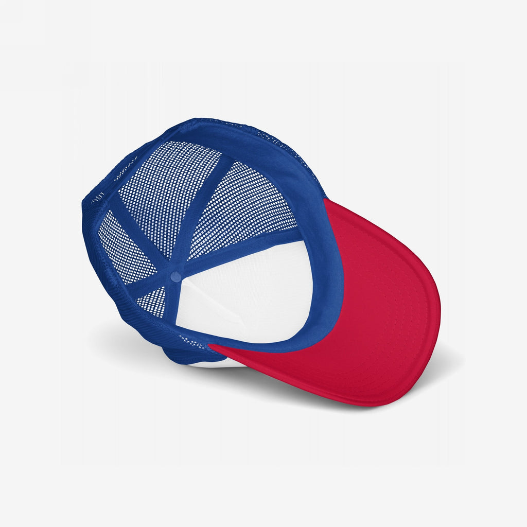 Foam Trucker Hat In Custom Colors, featuring a red curved brim and blue mesh back, showcases a structured crown with retro rope detail, reflecting bold, activist messaging potential.