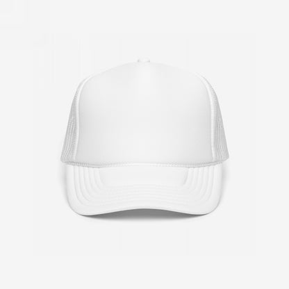 Foam Trucker Hat In Custom Colors featuring a solid foam front panel and curved brim, showcasing a high-profile design with mesh back, ideal for expressing anti-fascist or anti-racist messages through customizable embroidery.