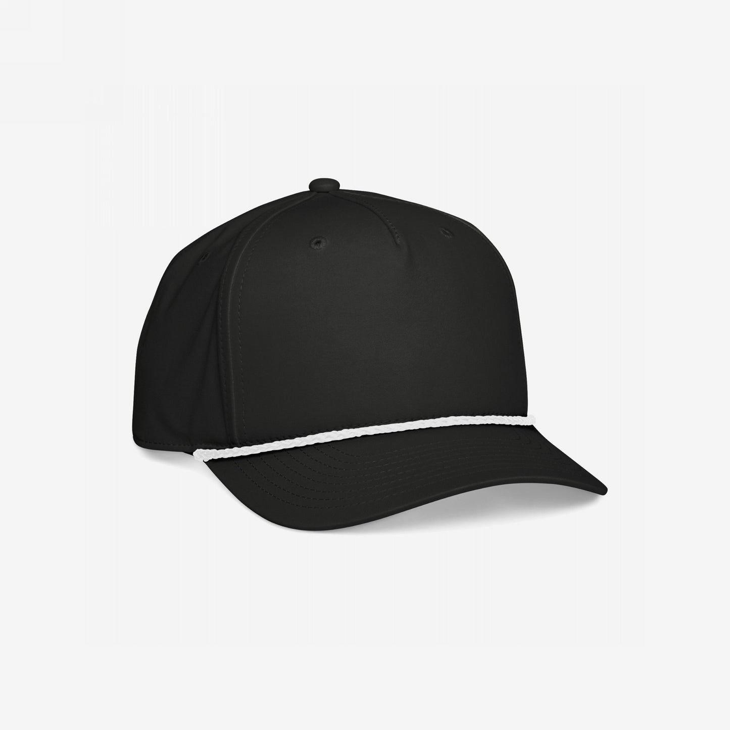 Golf Hat In Custom Colors, a black trucker cap with a curved brim and white rope detail, designed for custom embroidery. Ideal for expressing your values with style and purpose.