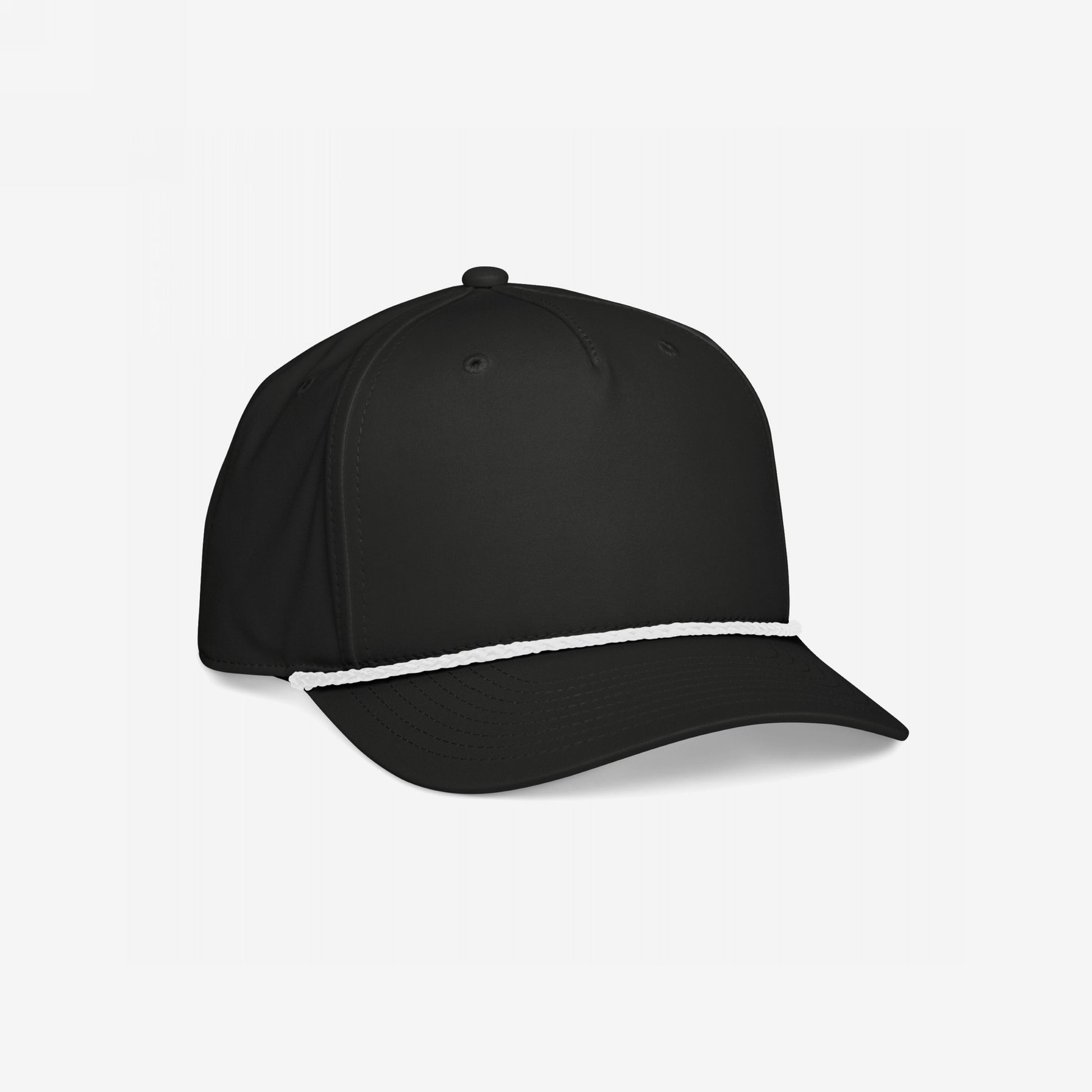 Golf Hat In Custom Colors, a black trucker cap with a curved brim and white rope detail, designed for custom embroidery. Ideal for expressing your values with style and purpose.