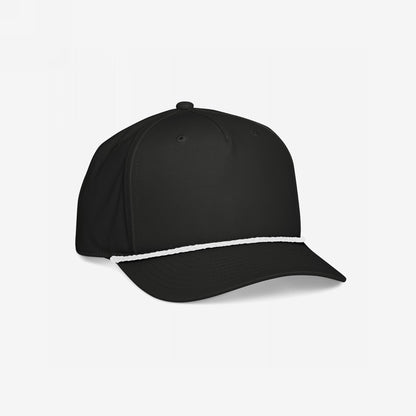 Golf Hat In Custom Colors, a black trucker cap with a curved brim and white rope detail, designed for custom embroidery. Ideal for expressing your values with style and purpose.