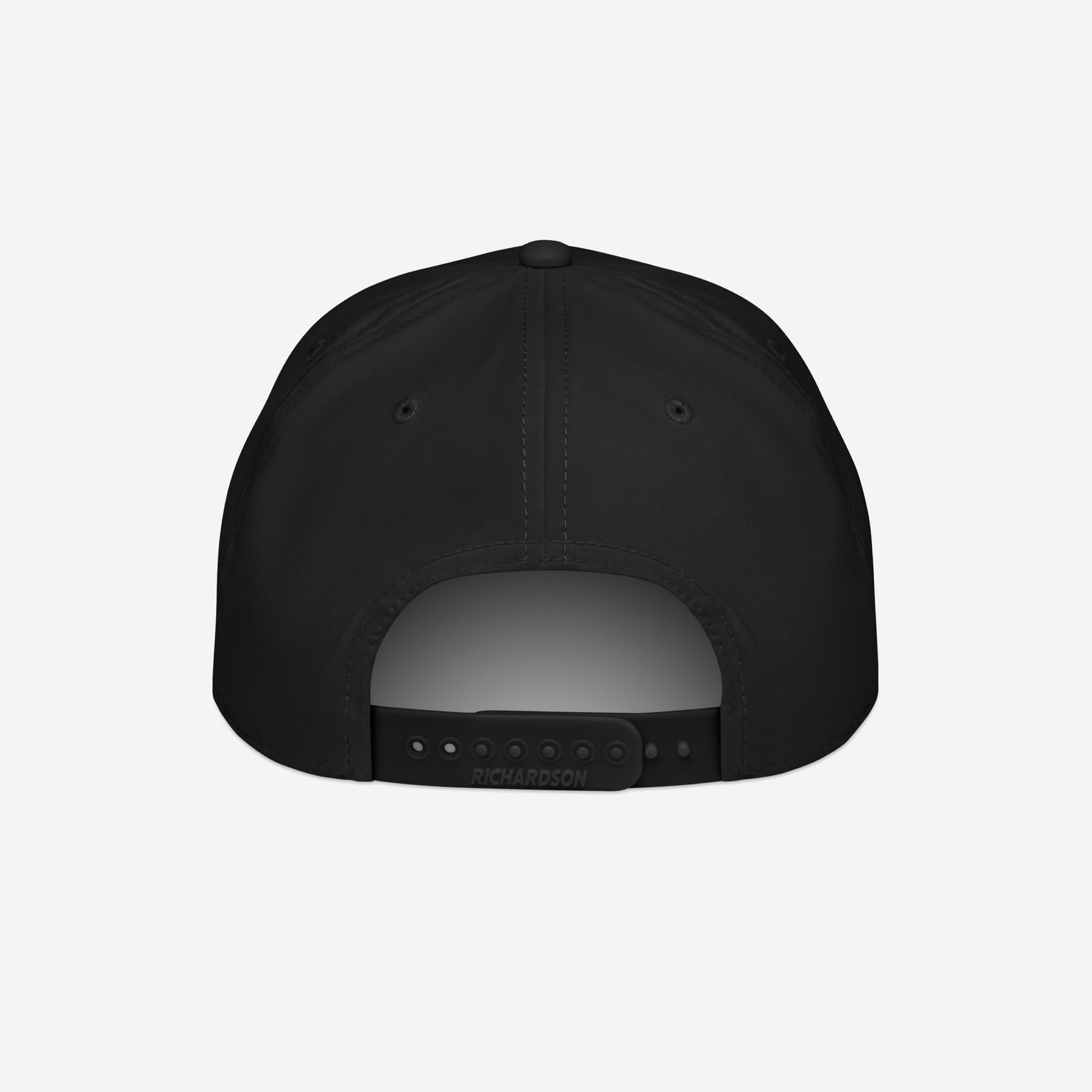 Back view of the Golf Hat In Custom Colors, featuring black six-panel stitching, adjustable snap-closure with RICHARDSON branding, and ventilation eyelets, offering a customizable canvas for bold, progressive statements.