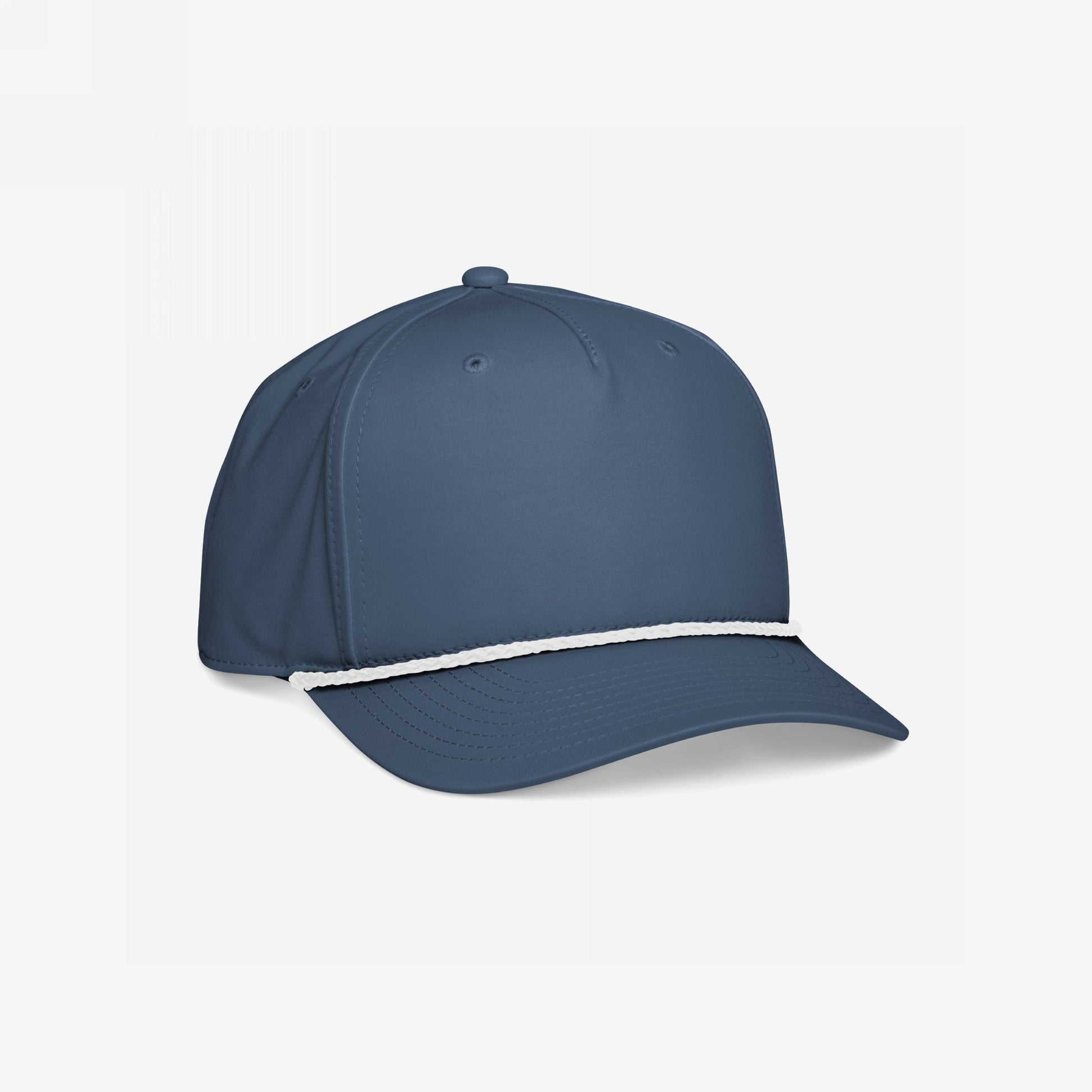 Golf Hat In Custom Colors: A blue six-panel snapback with a white braided rope above the brim, featuring a curved visor and adjustable fit, ideal for showcasing your personalized design.