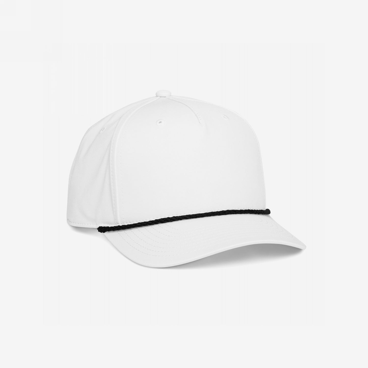 Golf Hat In Custom Colors: A sleek white, six-panel cap with a black braided rope, semi-curved visor, and Stay-Dri sweatband, offering a versatile canvas for personalized, activist-themed embroidery.