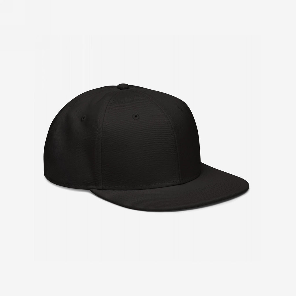 Plain black Snapback Hat In Custom Colors, featuring a flat-brim design and adjustable snapback closure, perfect for customizing with embroidered progressive messages. Ideal for activists and allies seeking style with purpose.