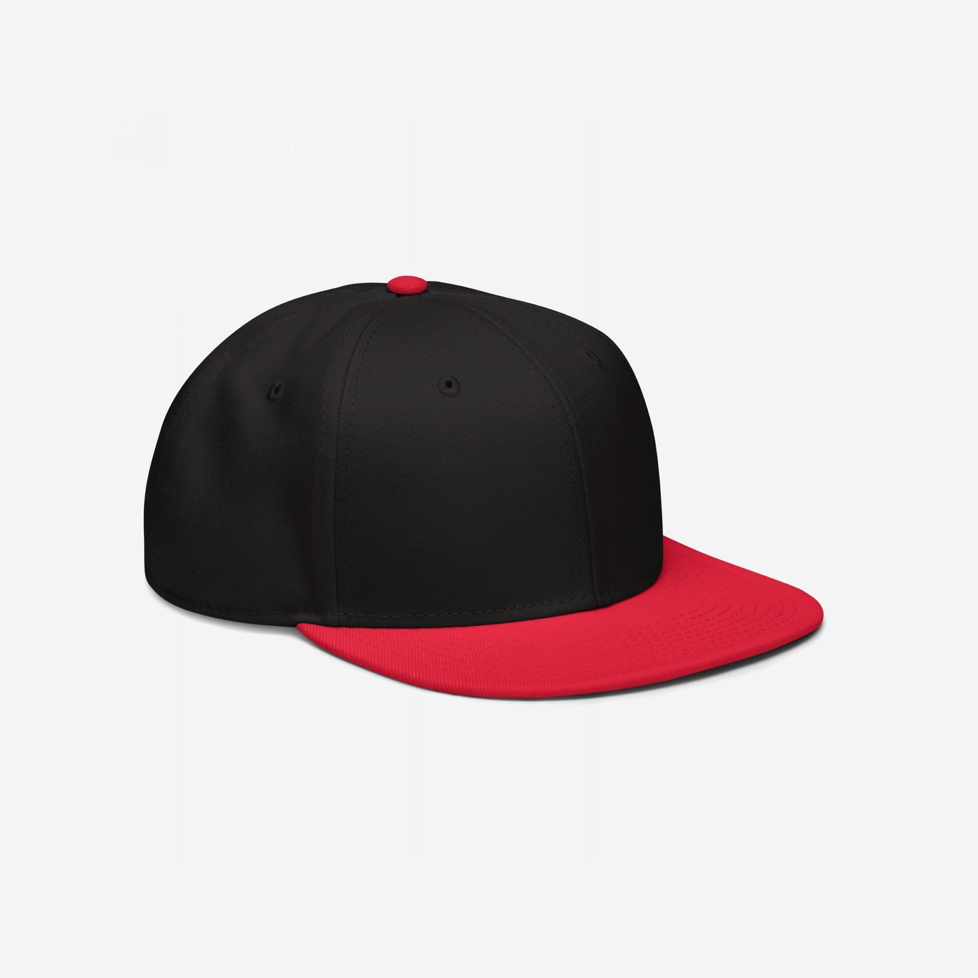 Snapback Hat In Custom Colors featuring a solid black crown and bright red flat brim. Ideal for showcasing your choice of anti-fascist or activist embroidered designs, reflecting bold, stand-for-something style.