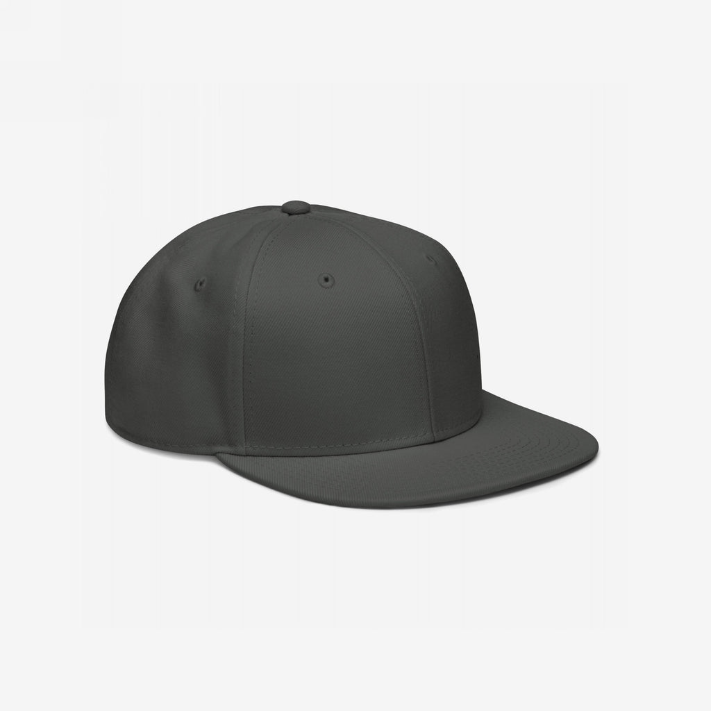 Snapback Hat In Custom Colors: A plain, dark gray six-panel snapback baseball cap with a flat brim, ideal for customizing with embroidered designs to express anti-fascist, anti-racist, or progressive messages.