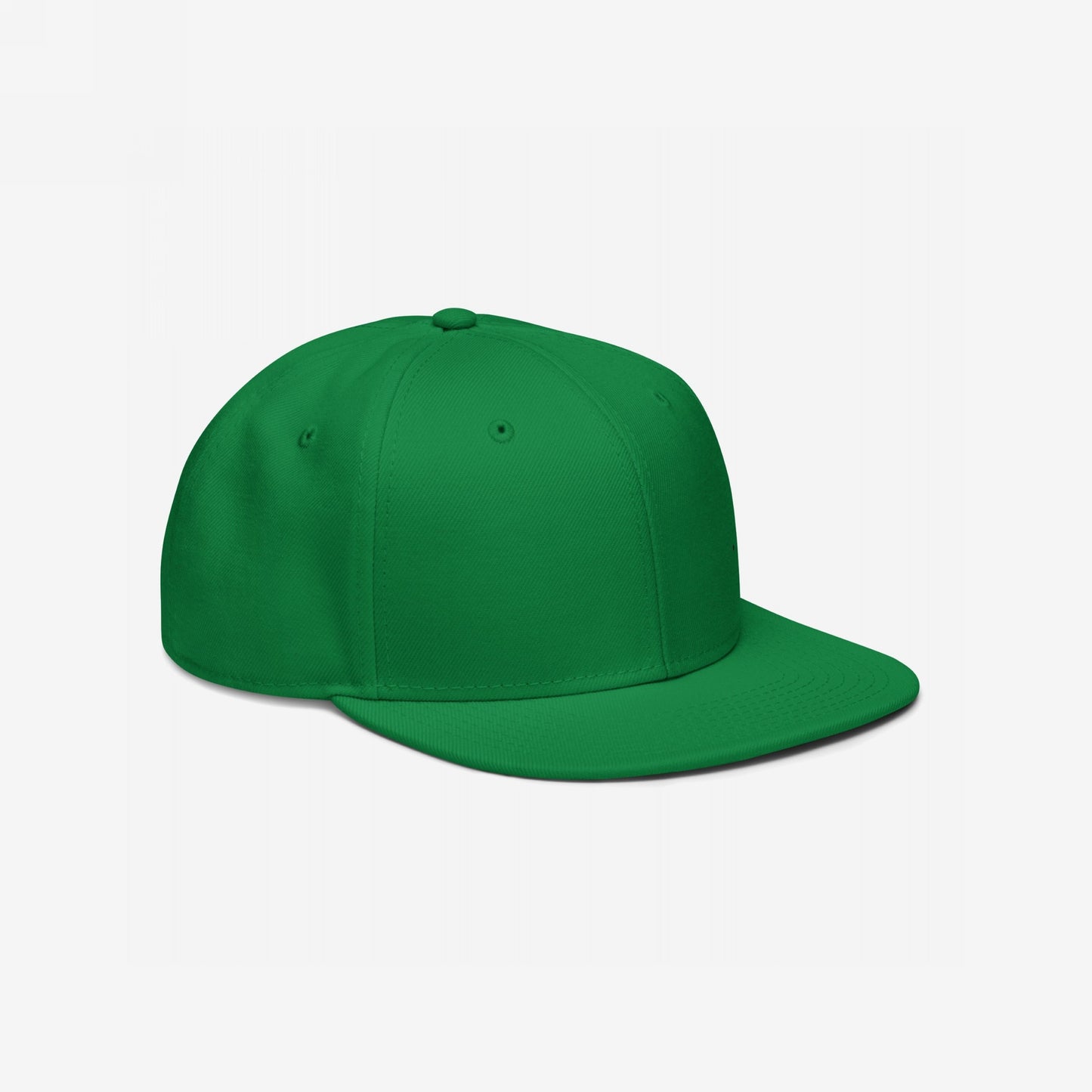 Snapback Hat In Custom Colors: A plain, solid-green flat-bill cap with an adjustable snapback closure, designed for activists and allies seeking justice, reflecting a bold and purposeful style.