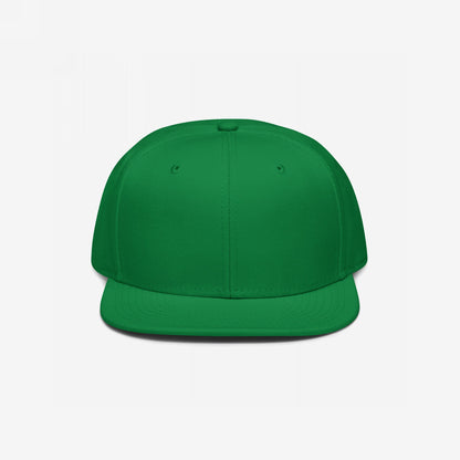 Snapback Hat In Custom Colors features a solid-green, six-panel design with a flat brim, embodying activist spirit. Ideal for expressing anti-fascist, anti-racist views, and supporting justice-oriented causes.