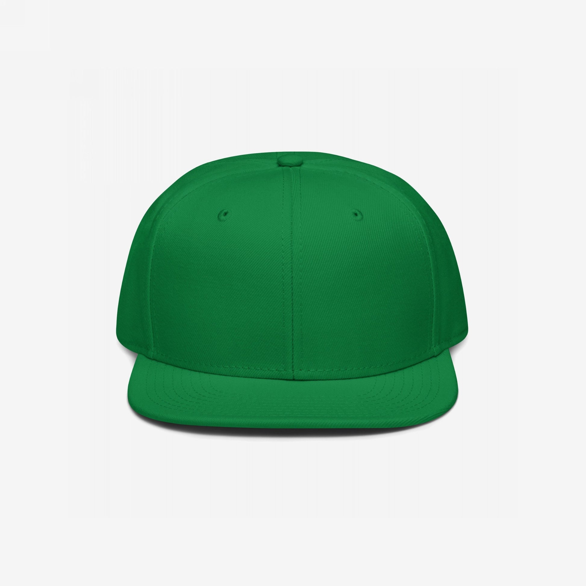 Snapback Hat In Custom Colors: A solid-green, structured flat-brim baseball cap with a high-profile crown, designed for customization with activist themes, featuring an adjustable snapback closure for a bold statement.