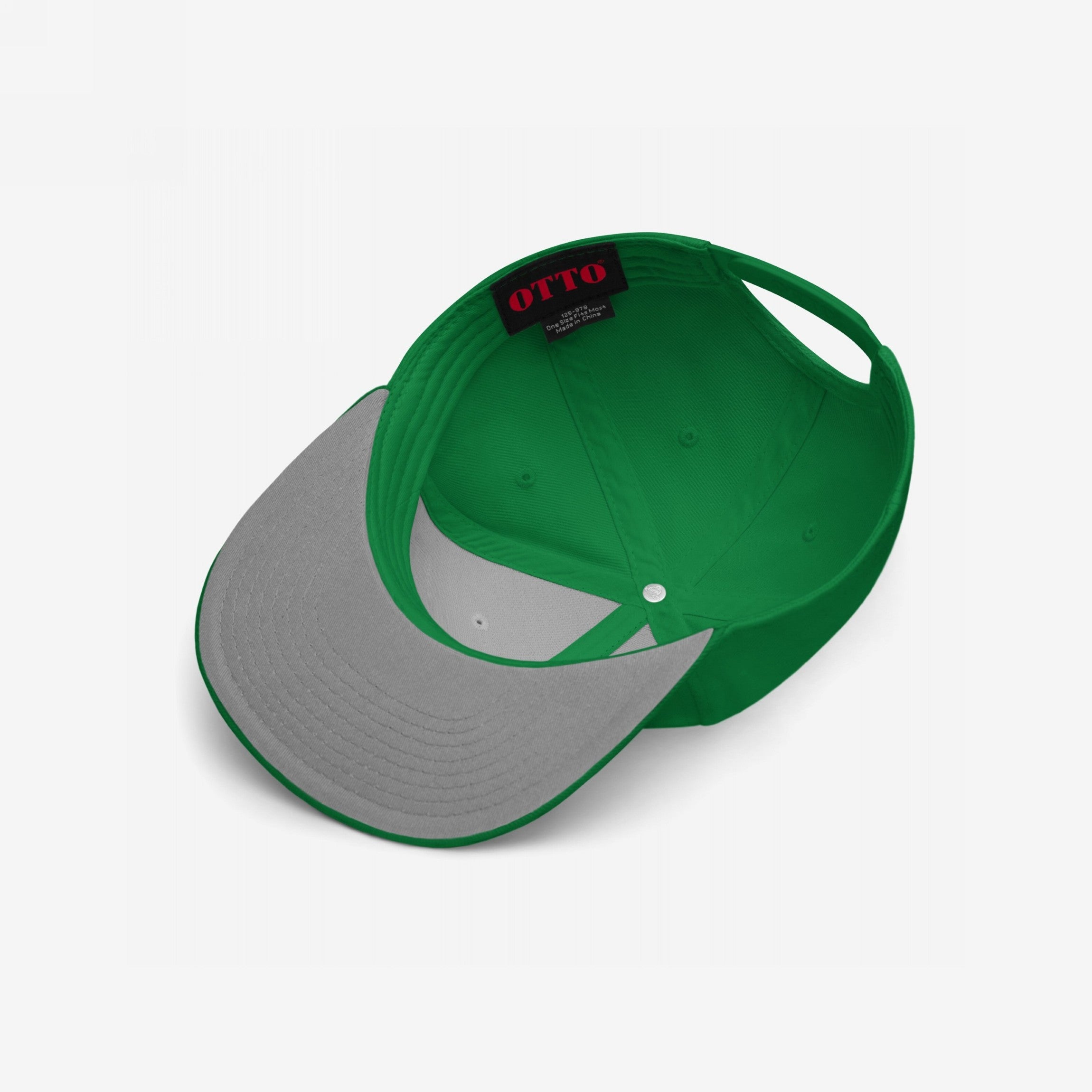 Snapback Hat In Custom Colors, showing a green crown with an adjustable snapback, gray under-visor, and interior OTTO label, designed for activists advocating against fascism and racism.
