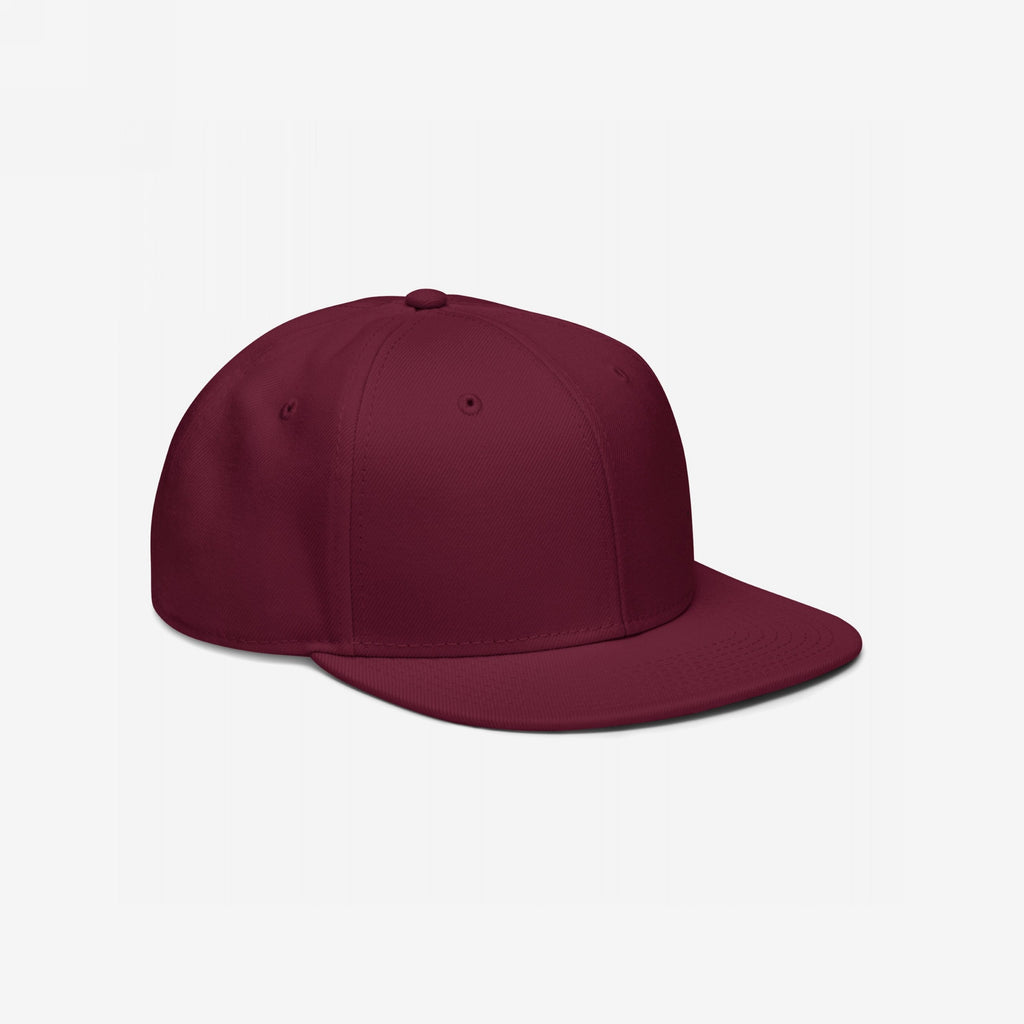 Snapback Hat In Custom Colors: A structured, solid burgundy six-panel snapback cap with a flat brim, designed for activists and allies, featuring an adjustable closure for a personalized fit.