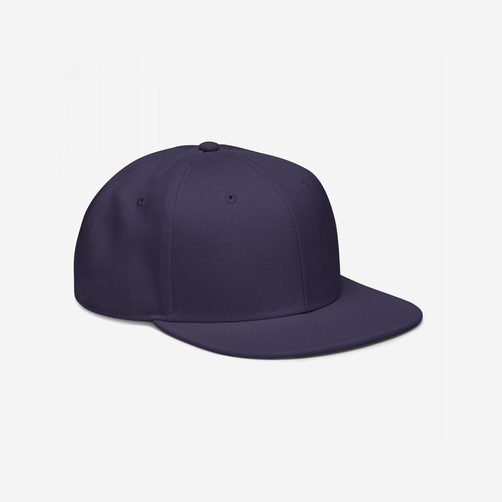 Snapback Hat In Custom Colors: A navy flat-brim snapback hat viewed from the side, showcasing a structured design with an adjustable closure, suitable for expressing progressive and activist messages.