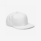 Snapback Hat In Custom Colors, a plain white six-panel design with a flat brim, viewed at a slight angle. Ideal for making a statement with custom embroidered anti-fascist or progressive designs.