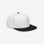 Snapback Hat In Custom Colors: A sleek, structured six-panel cap featuring a white crown and black flat brim, designed for activists and allies to express anti-fascist and progressive messages through custom embroidery.