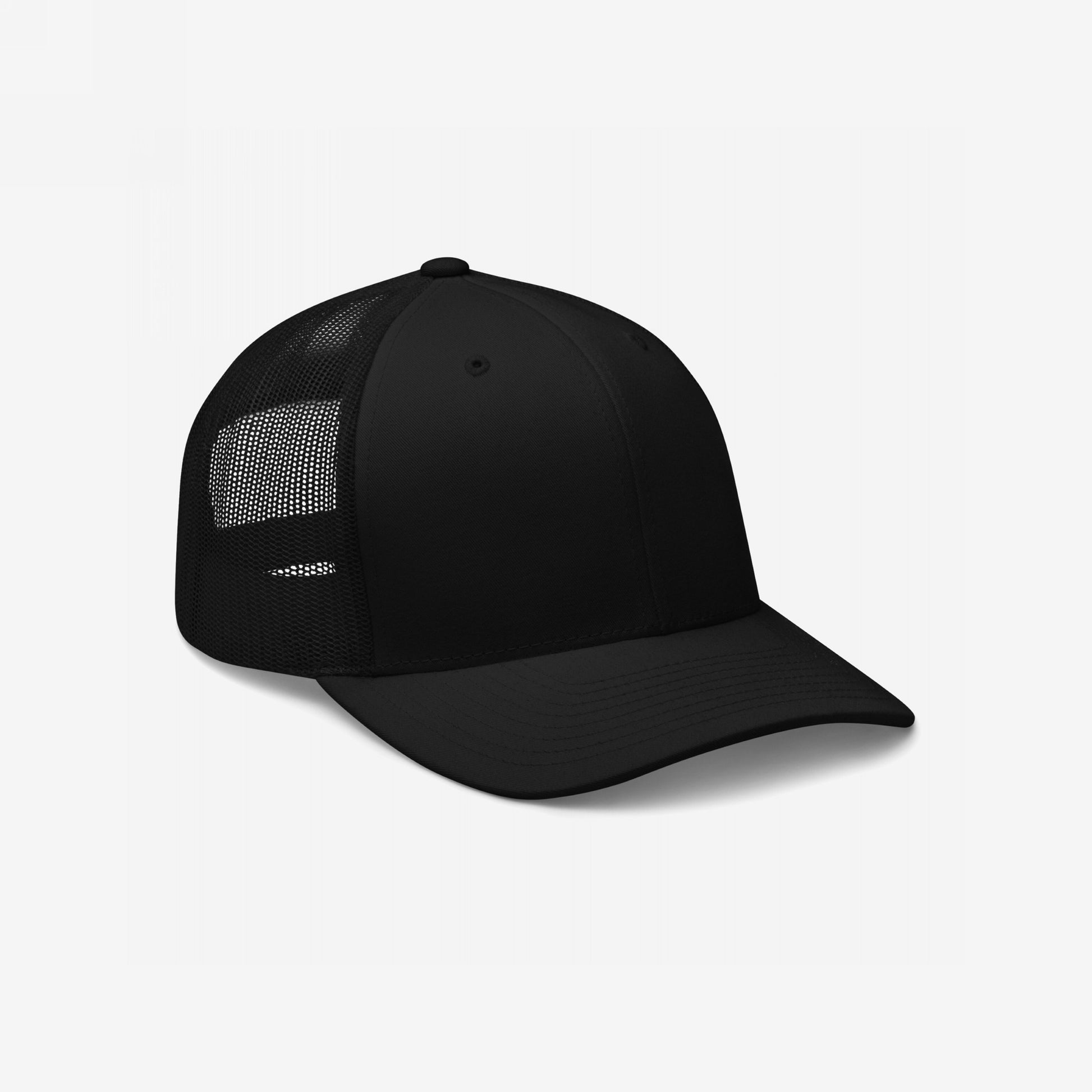 Trucker Hat In Custom Colors featuring a black structured front and curved visor, breathable mesh back, and adjustable snapback closure, designed for high-impact visibility and personalized activism. Suitable for bold expressions.
