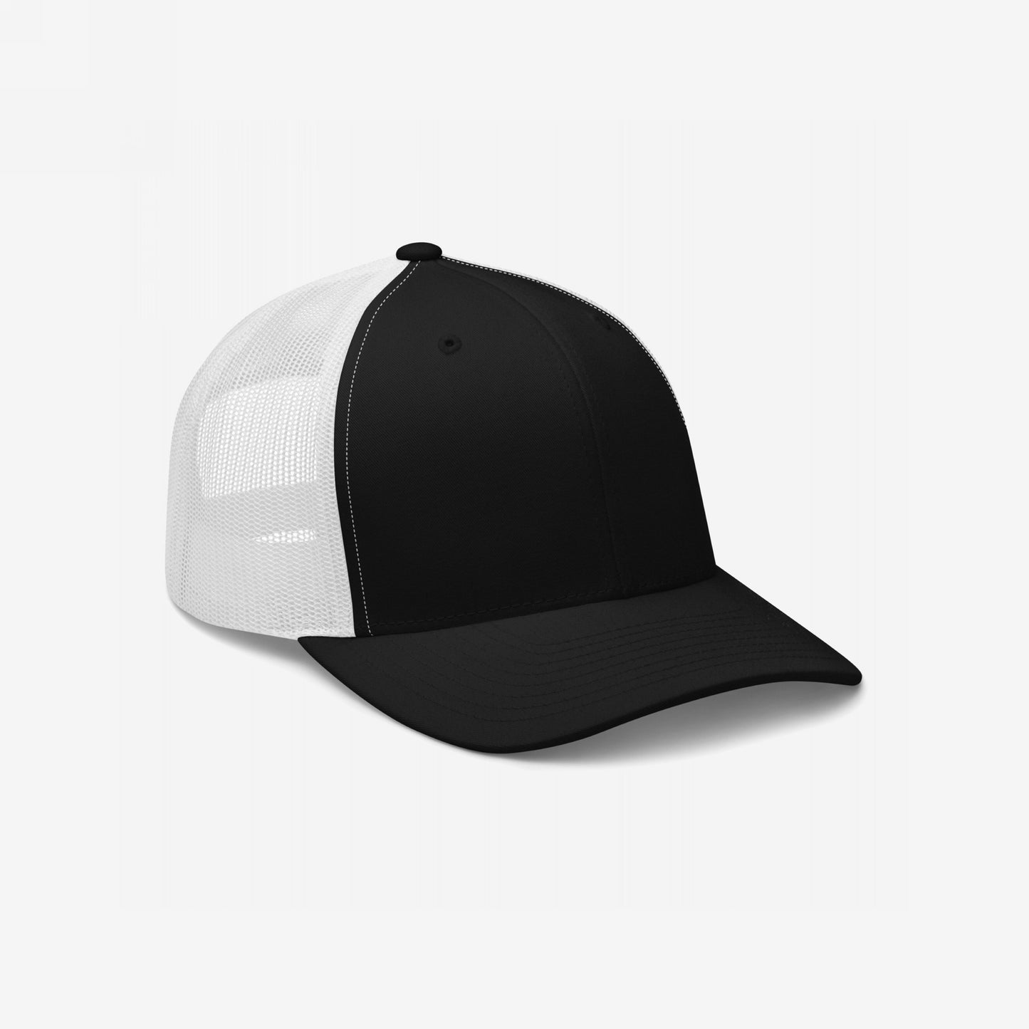 Trucker Hat In Custom Colors: A classic black-front, white-mesh back trucker hat. Its structured 6-panel design features a curved brim and adjustable snap closure, perfect for showcasing your chosen protest design.