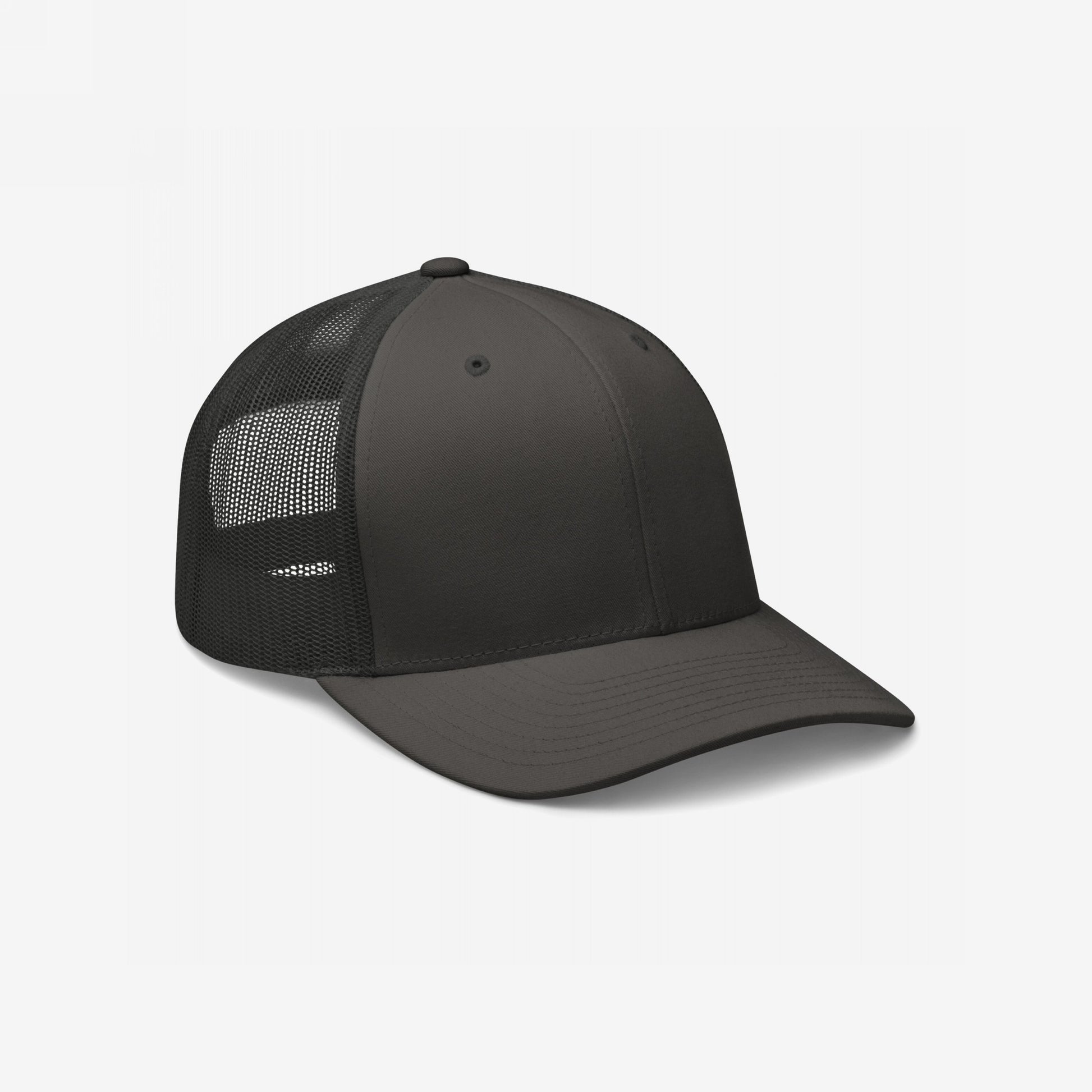 Trucker Hat In Custom Colors featuring a black front panel and bill, with a breathable mesh back, designed for activism and personal expression. Curved visor, adjustable snapback, and structured crown for impactful embroidery.