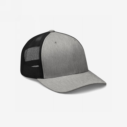 Trucker Hat In Custom Colors features a light gray front with a black mesh back, offering breathable comfort. This structured, adjustable cap can be personalized with bold, resistance-themed embroidery designs.