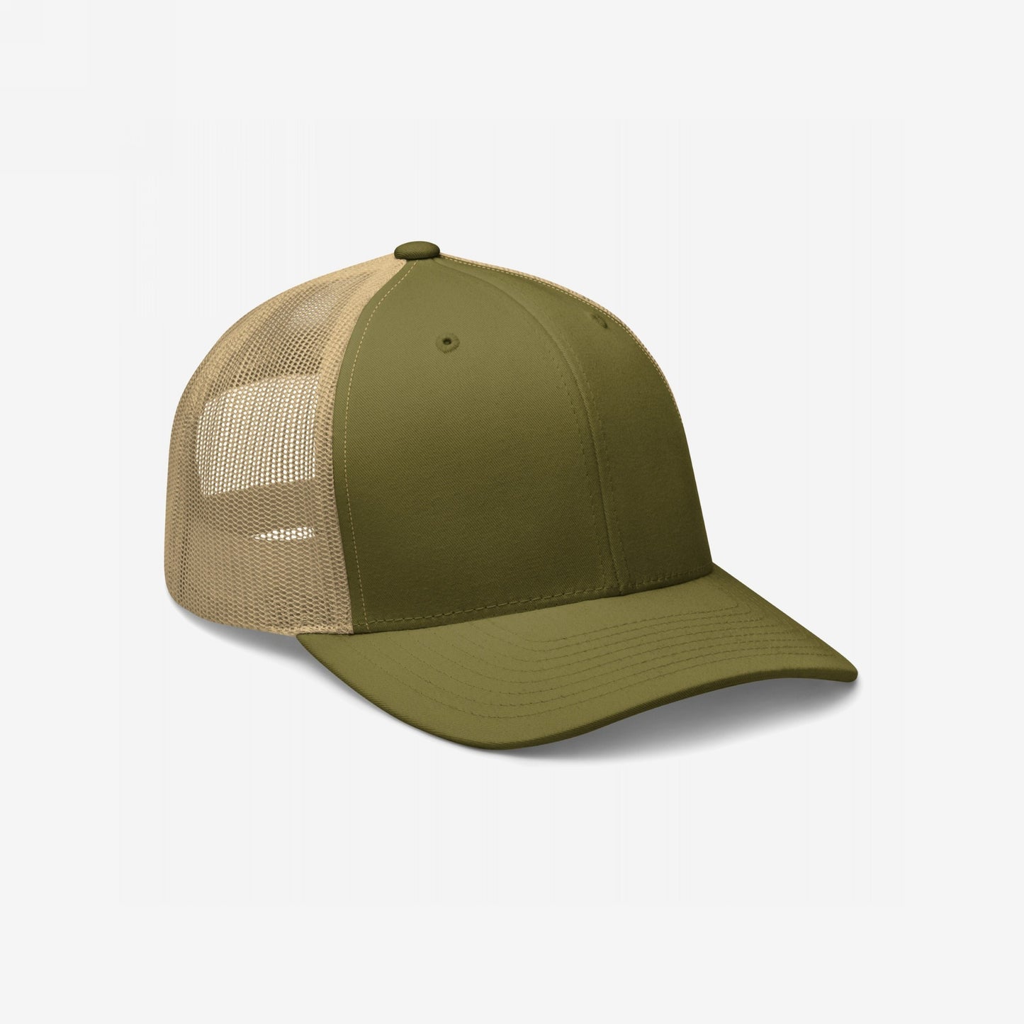 Trucker Hat In Custom Colors features an olive-green front and bill with a tan mesh back. This structured, mid-profile cap offers a bold statement, perfect for customization to support activism and visibility.