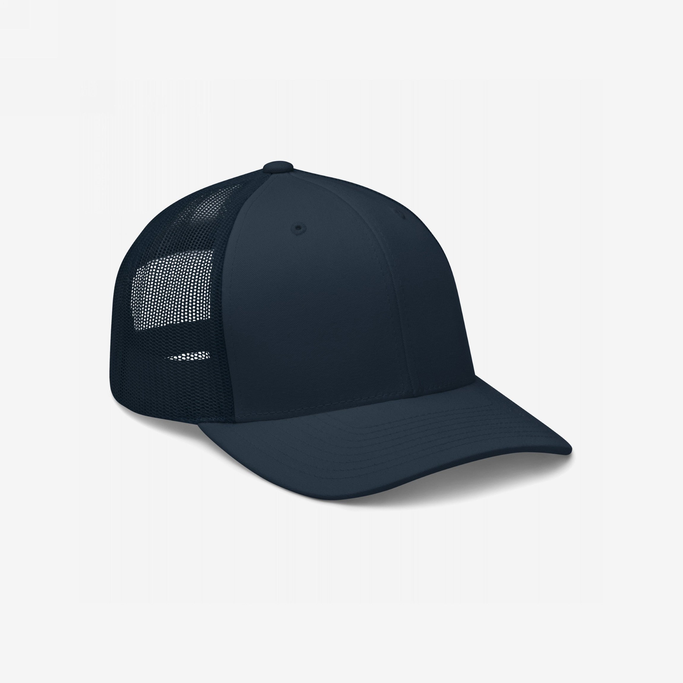 Trucker Hat In Custom Colors: Dark navy-blue trucker-style cap with a solid front panel, curved brim, and mesh back. Features adjustable snapback for a tailored fit, ideal for personal or political embroidery statements.