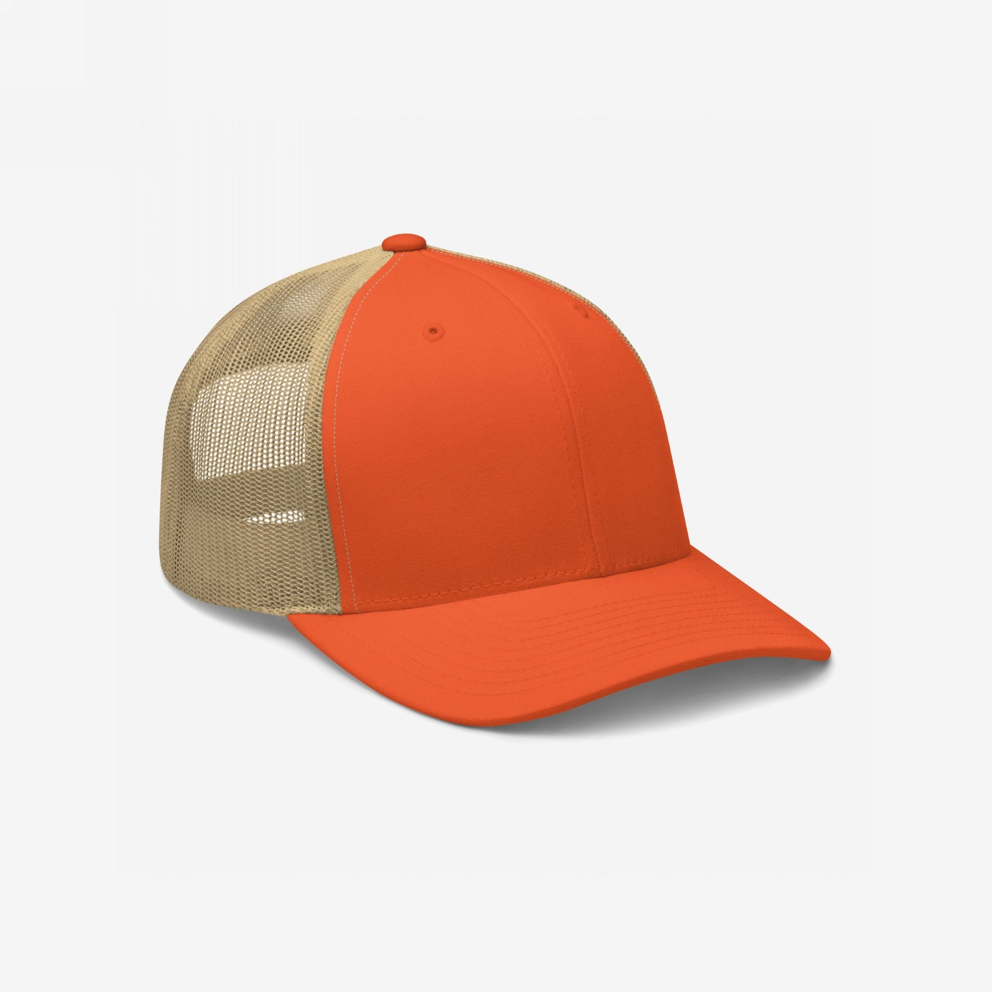 Trucker Hat In Custom Colors featuring a solid orange front with a tan mesh back. This structured cap includes an adjustable snapback and curved brim, designed for customization and high-impact visibility.