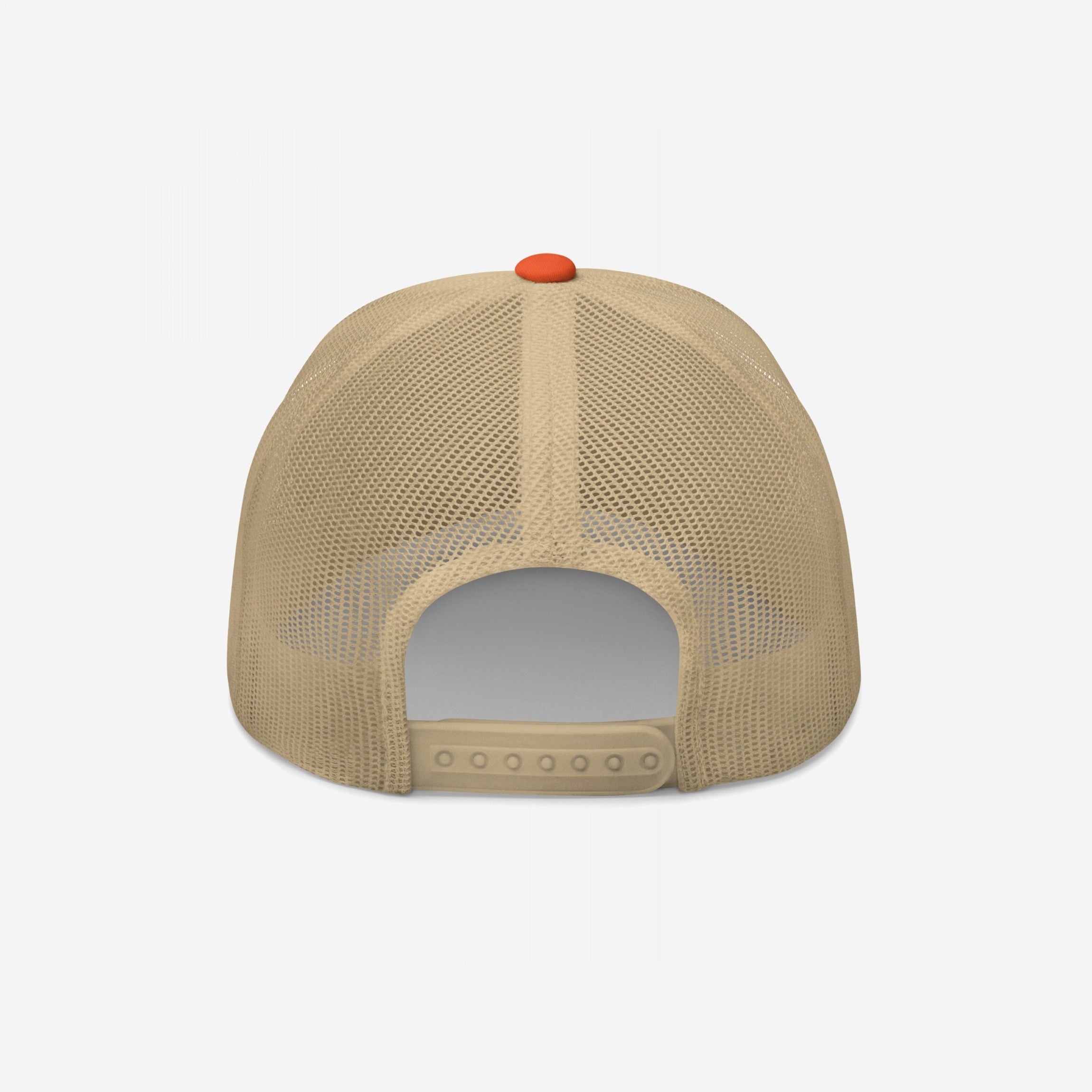 Back view of the Trucker Hat In Custom Colors, showcasing its beige mesh back, adjustable snap-closure, and orange top button, designed for activism with a structured crown for custom embroidery.