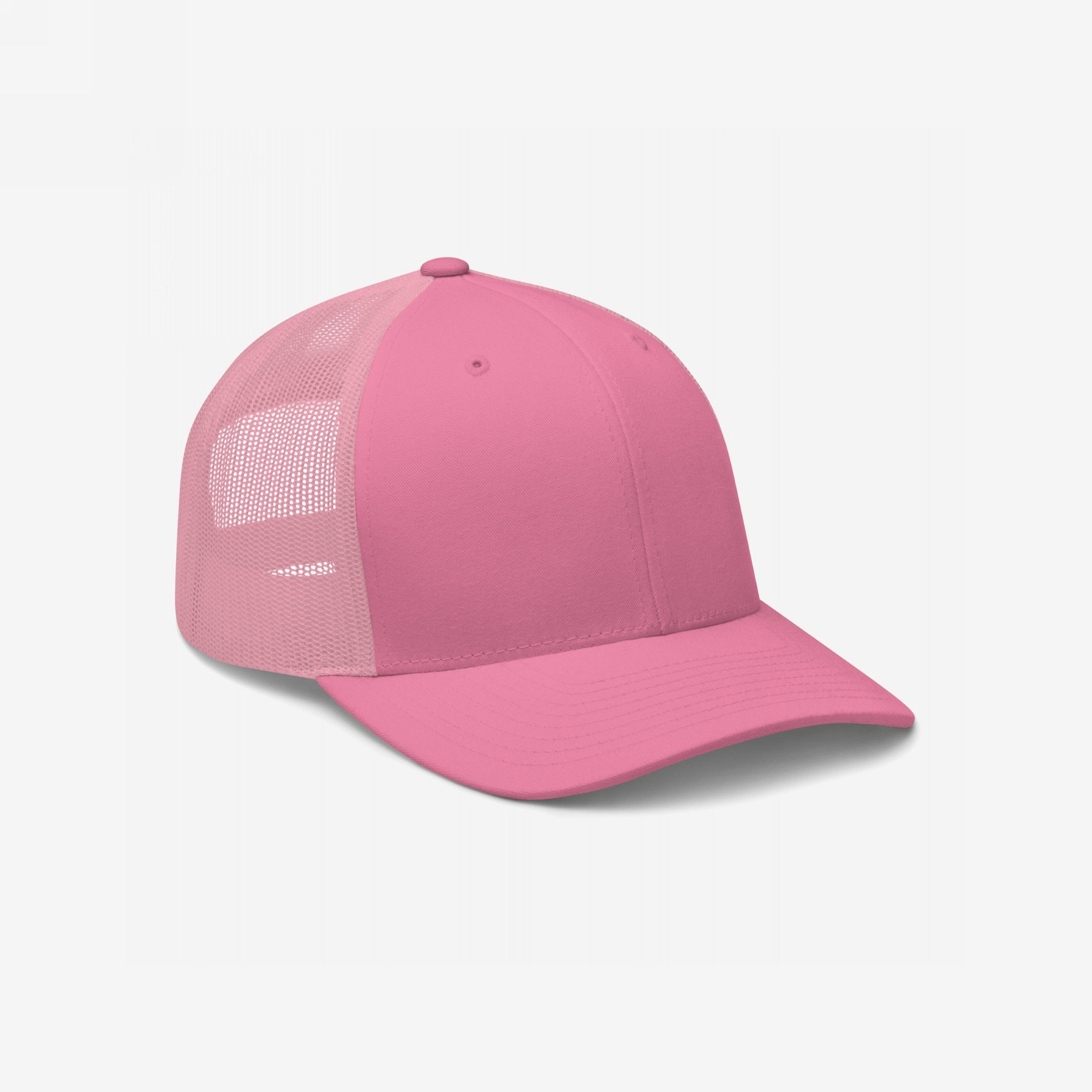 Trucker Hat In Custom Colors featuring a pink mesh-back design with solid front panels and brim, adjustable snapback closure, and 3.5-inch structured crown for bold, visible statements.