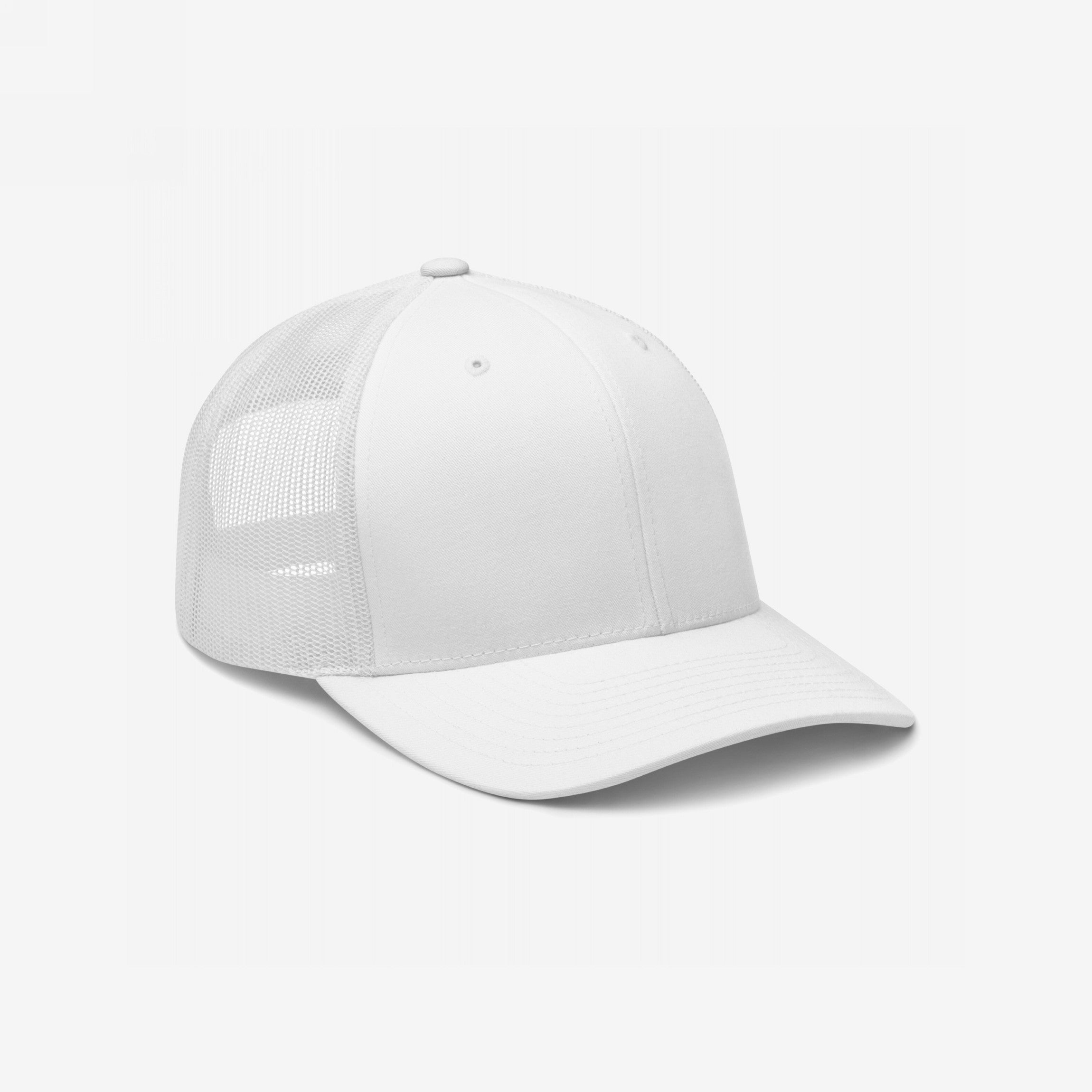Trucker Hat In Custom Colors featuring a white front, curved bill, and mesh back. This structured, adjustable cap is designed for bold, personal statements, ideal for activists and those supporting equality and visibility.