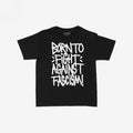 Black tee featuring a bold slogan BORN TO FIGHT AGAINST FASCISM! in graffiti style, embodying defiance and activism. Perfect for making a statement at rallies or everyday wear.