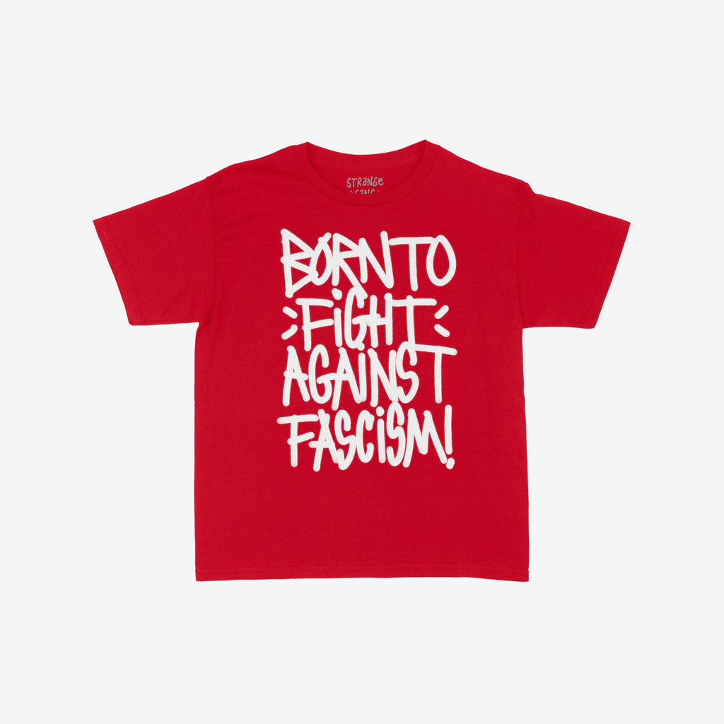 Born To Fight Against Fascism Graffiti Women's Baby Tee featuring a bold, white graffiti-style slogan, embodying defiance and activism. Ideal for marches or making a statement against oppression.