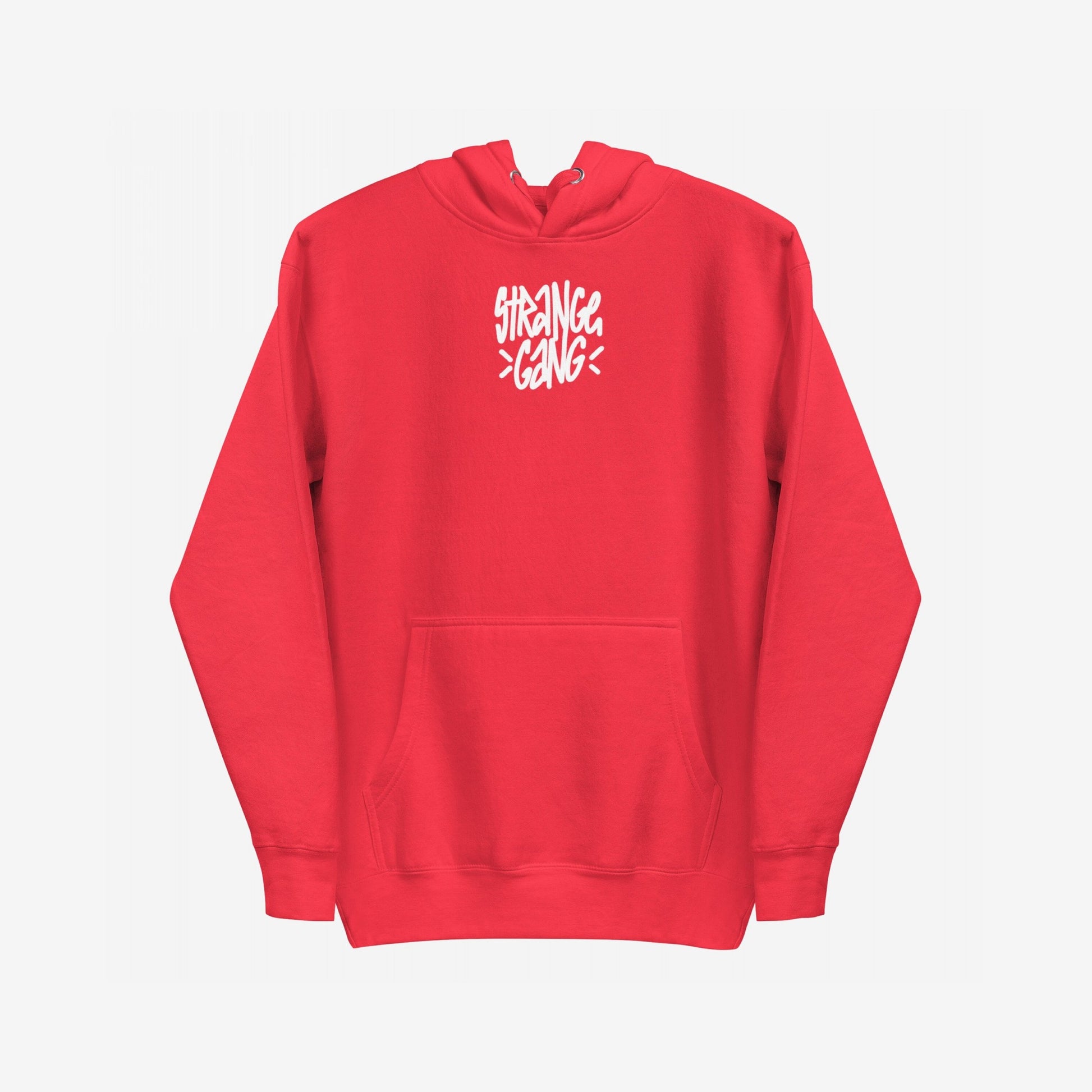Born To Fight Against Fascism Graffiti Hoodie features a bold STRANGE GANG graphic on a plain red pullover with a kangaroo pocket and drawstring hood, embodying defiant, rebellious style.